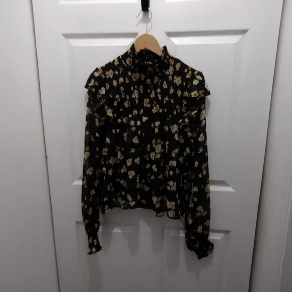 O.P.T. Floral Ruffle Neck Blouse Large Black Sheer Long Sleeve Romantic Top - Picture 3 of 15